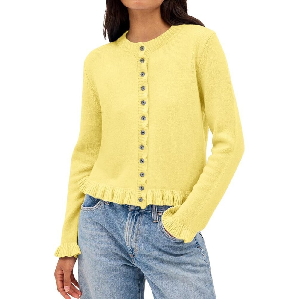 Women's Cotton Cropped Ruffle Cardigan Lightweight Crewneck Long Sleeve